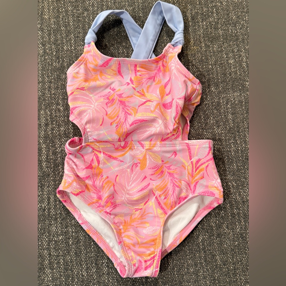 OshKosh B'gosh Pink Leaf-Print One-Piece Swimsuit with Blue Cross Straps